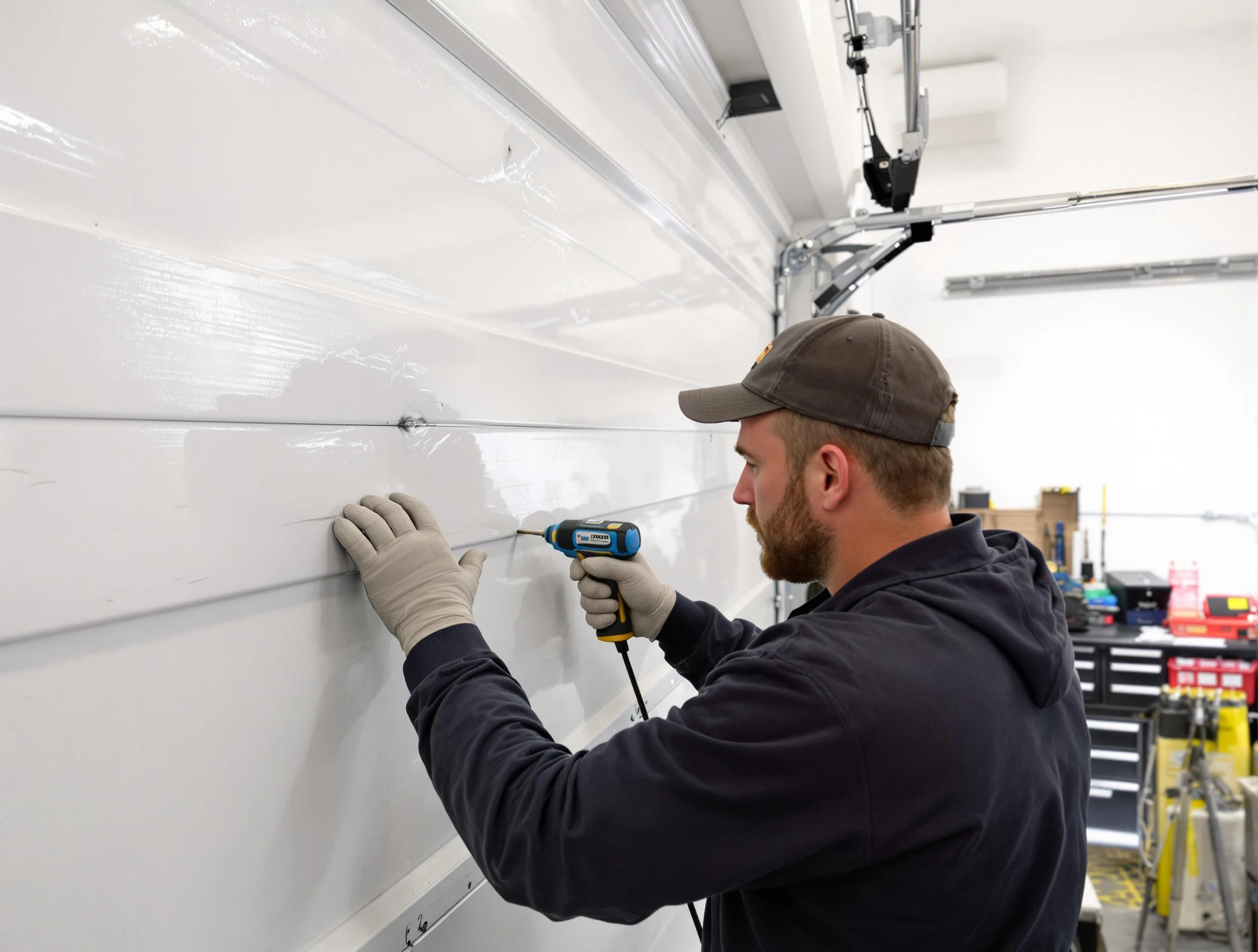 College Park Garage Door Repair technician demonstrating precision dent removal techniques on a College Park garage door